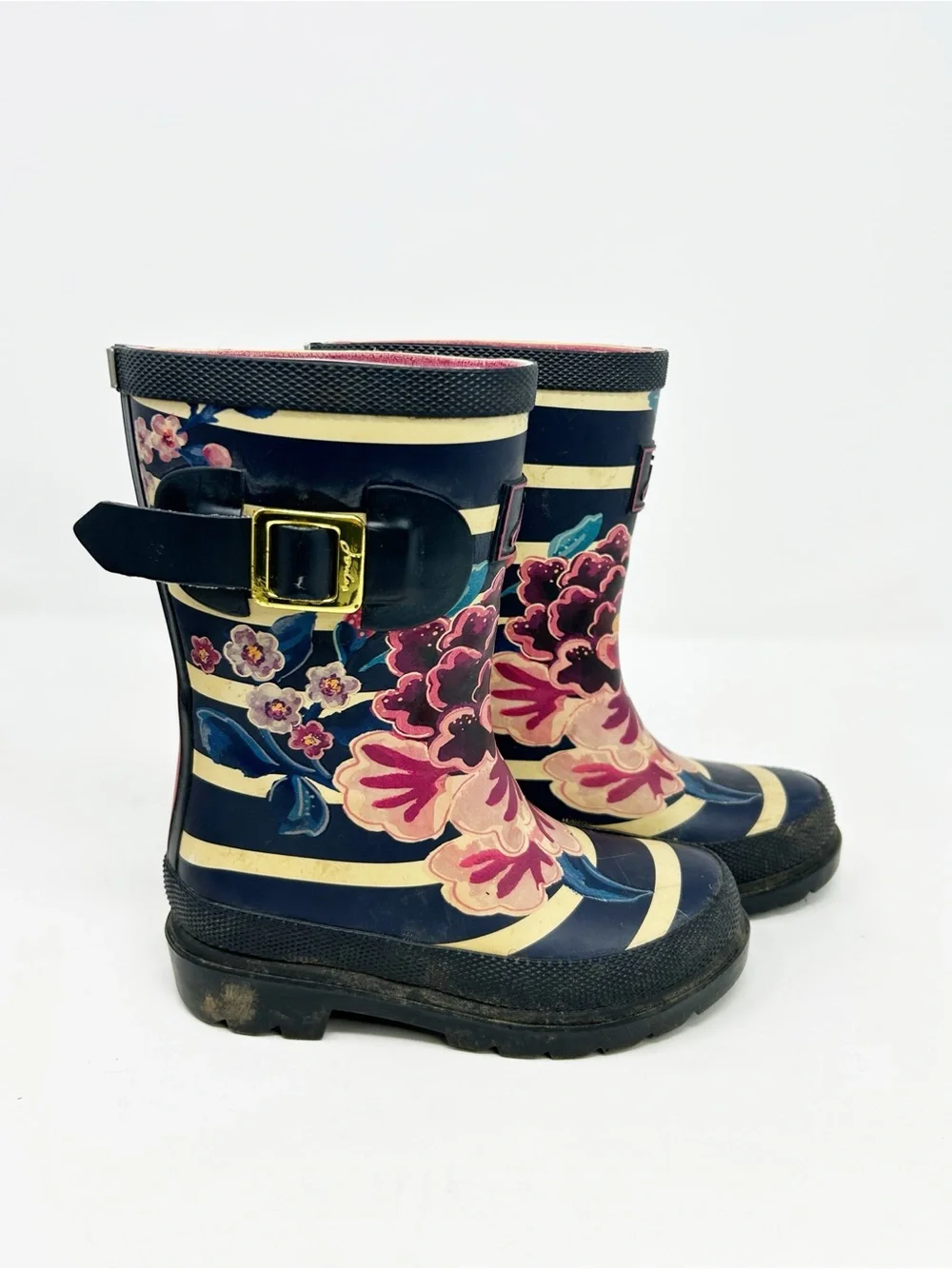 Joules Girls Welly Rain Boots Navy Stripe Floral Buckle Pull-On Mid-Calf Size 9